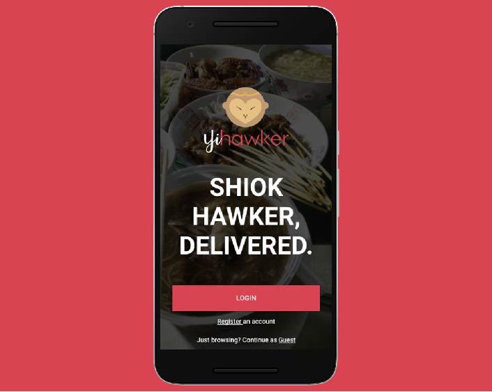 YiHawker mobile welcome screen with login, registration and guest browsing options.
