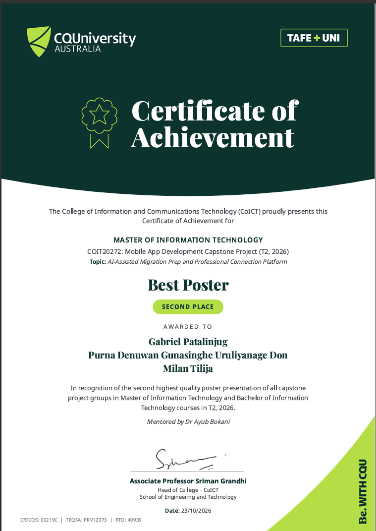 CQUniversity Certificate of Achievement for Best Poster, Second Place, awarded to Gabriel Patalinjug, Purna Denuwan Gunasinghe Uruliyanage Don and Milan Tilija on 23 October 2026.